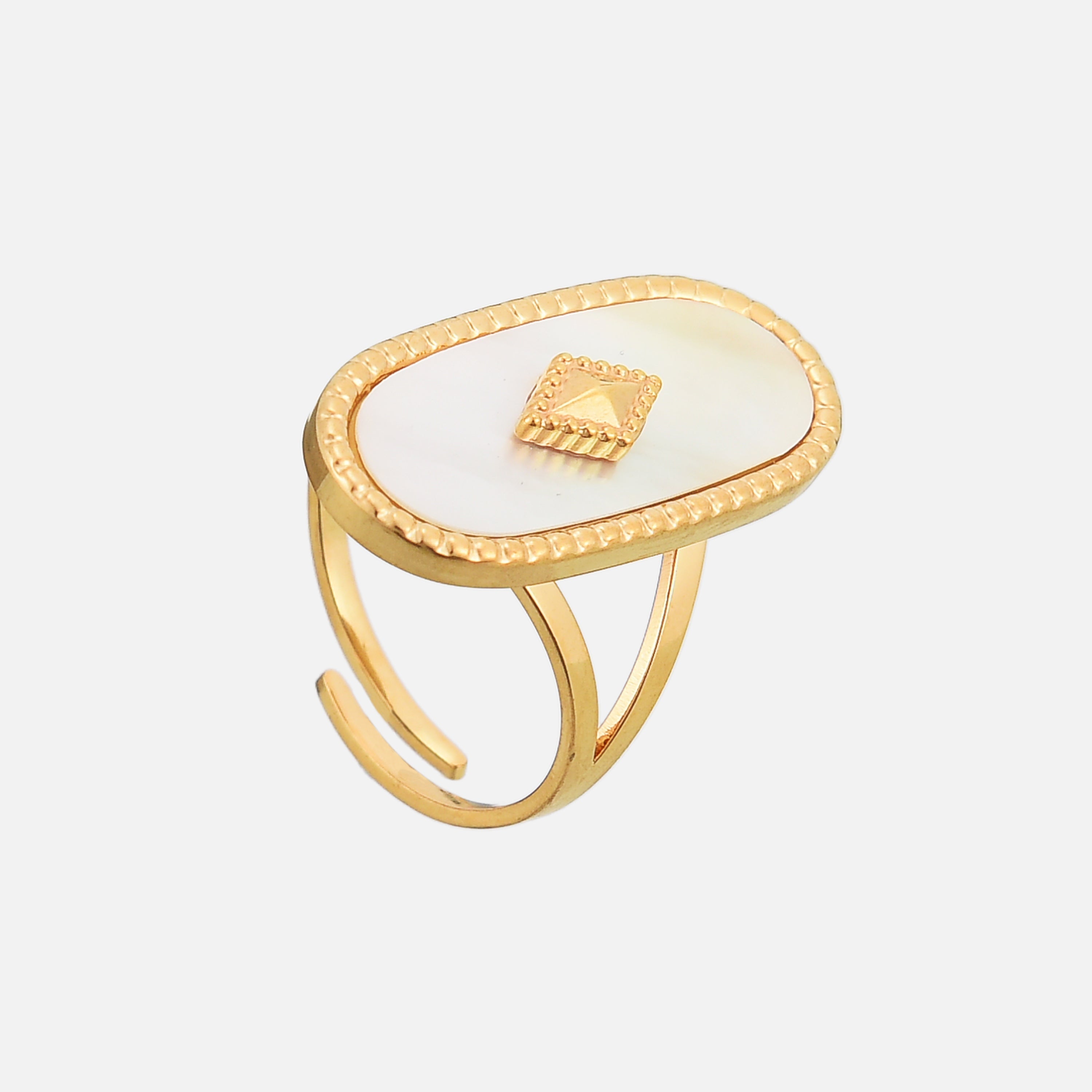 Anillo ajustable Elise de Alessia Madrid con diseño elegante y detalles metálicos en acabado brillante.