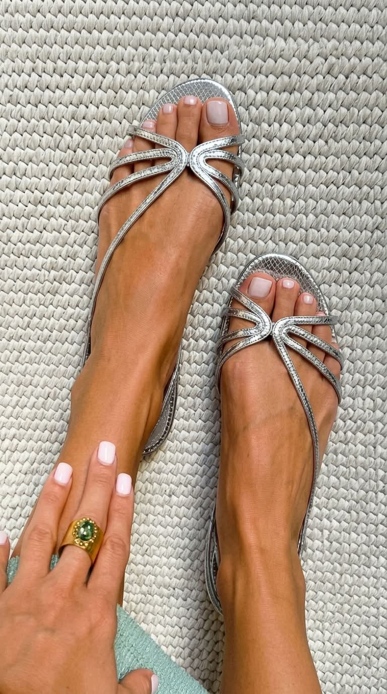 Sandalias de tiras metalizadas Alessia Madrid con suela plana y tiras brillantes para un estilo elegante y moderno.