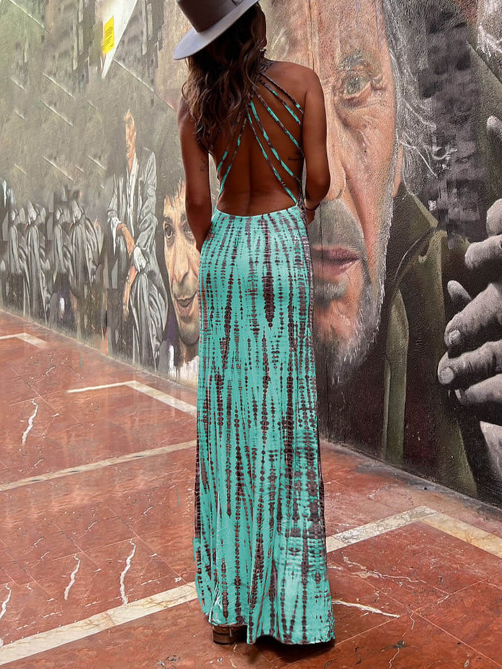 Vestido largo elástico con cordones y espalda con estampado