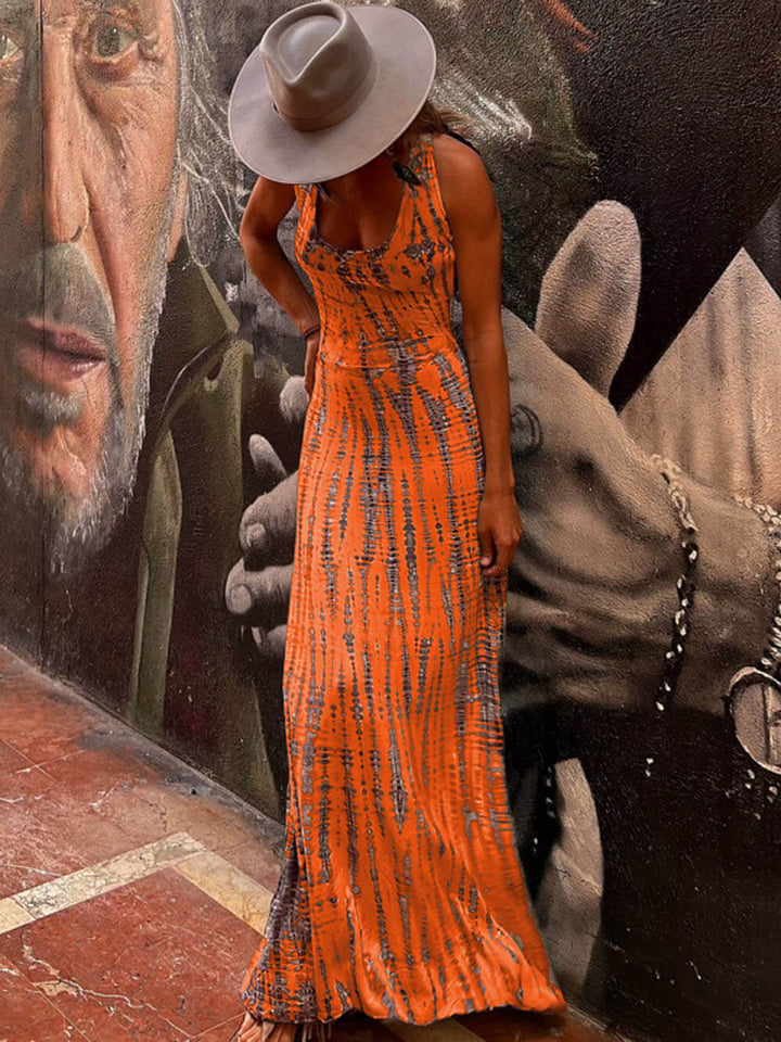 Vestido largo elástico con cordones y espalda con estampado