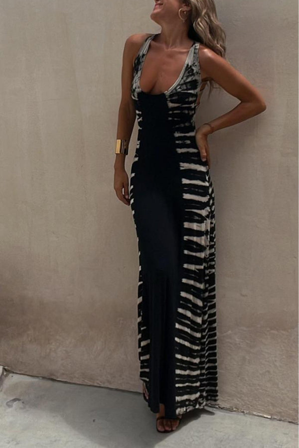Vestido largo con espalda elástica y estampado