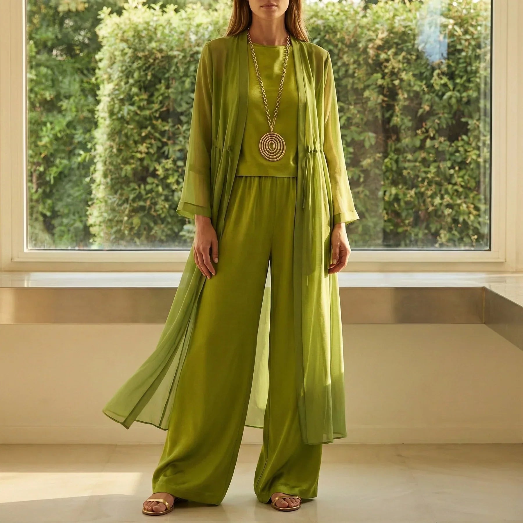 Conjunto elegante y cómodo Elvira de Alessia Madrid, con top y pantalones en tonos neutros, ideal para vestir con estilo y confort.
