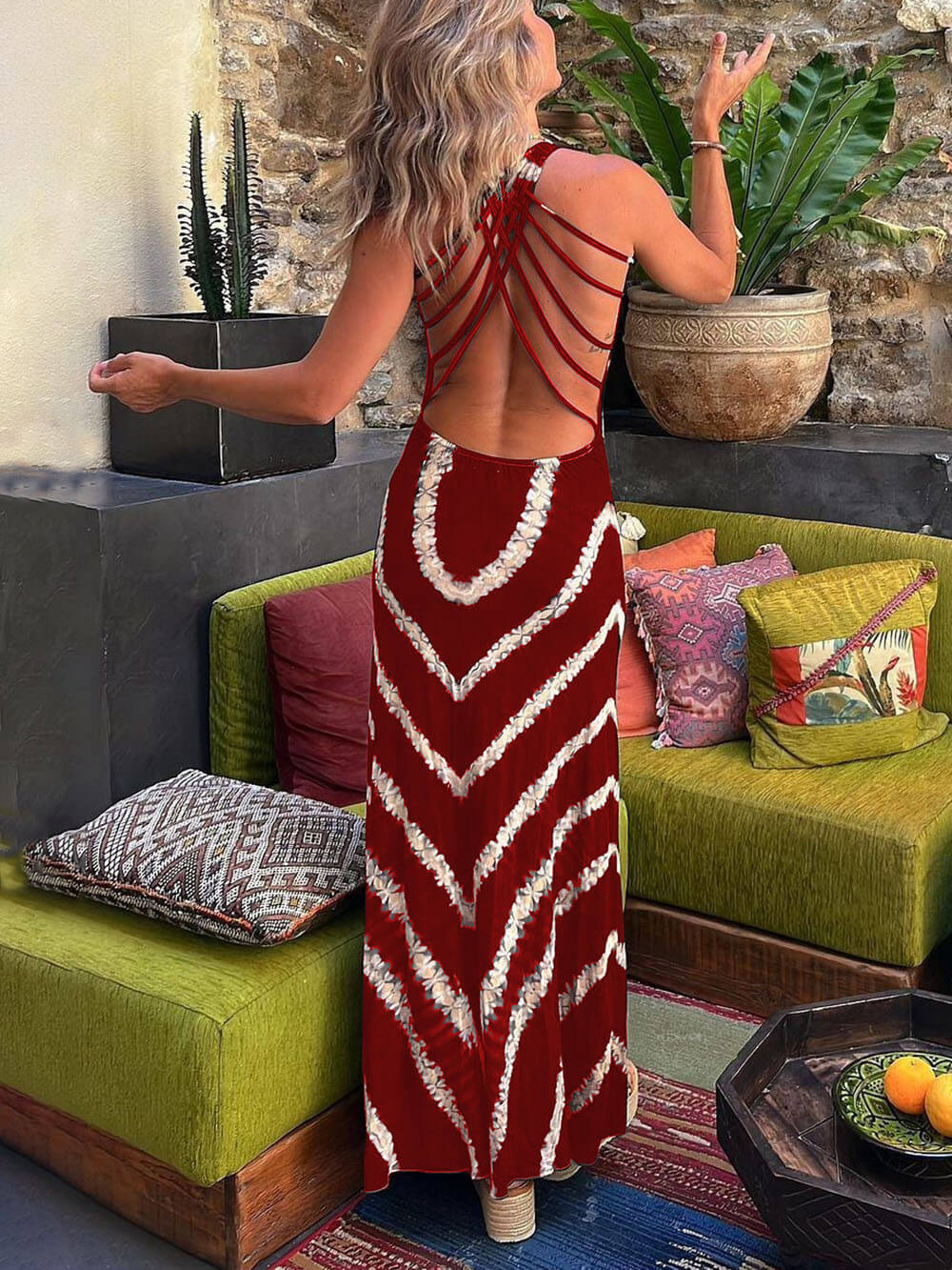 Vestido largo elástico con lazo y estampado de ondas