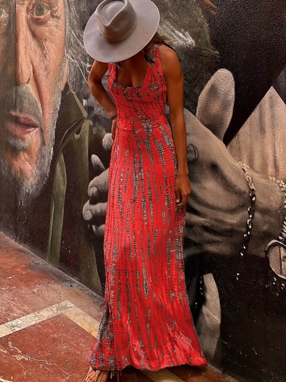Vestido largo elástico con cordones y espalda con estampado