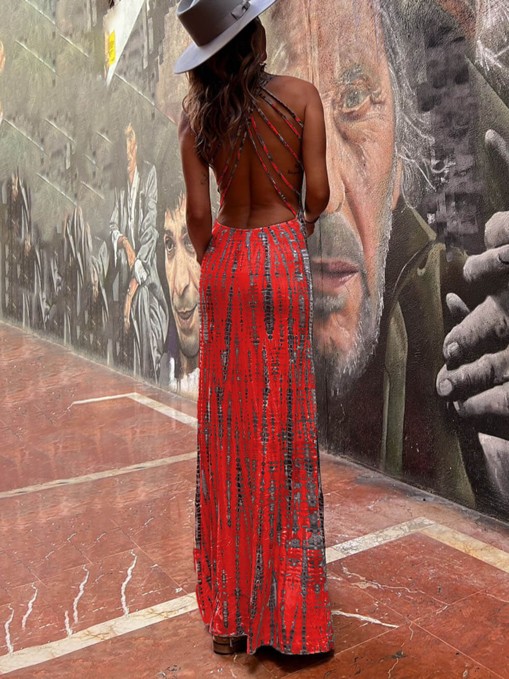 Vestido largo elástico con cordones y espalda con estampado