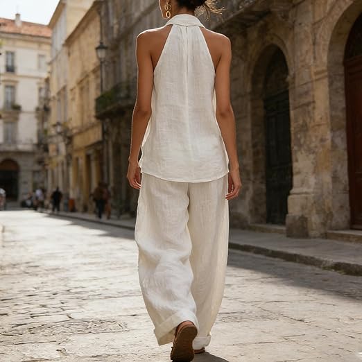 Conjunto de dos piezas de lino de Alessia Madrid, textura suave y elegante en tono neutro.