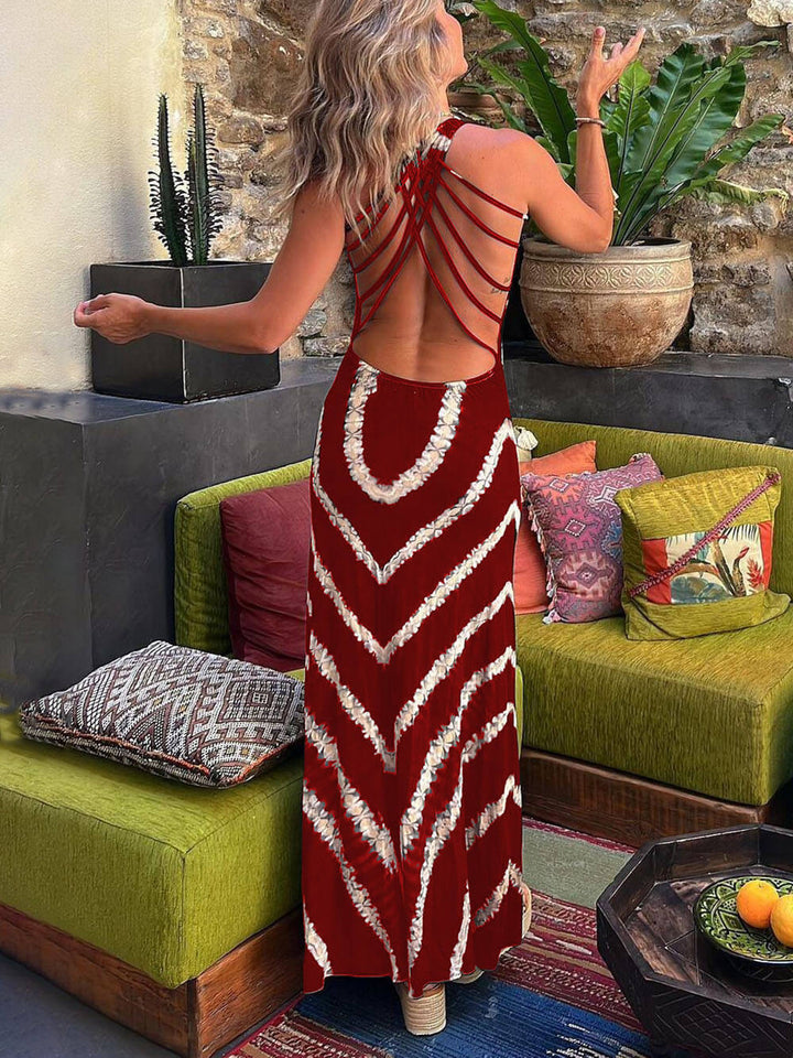 Vestido largo elástico con lazo y estampado de ondas