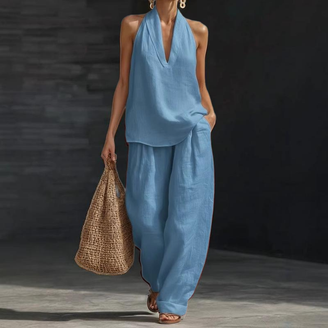 Conjunto de dos piezas de lino Ainhoa de Alessia Madrid, con textura suave y estilo elegante para mujer.
