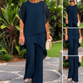Conjunto de dos piezas para mujer Alessia Madrid, top asimétrico y pantalones de pierna ancha en tela ligera y elegante.