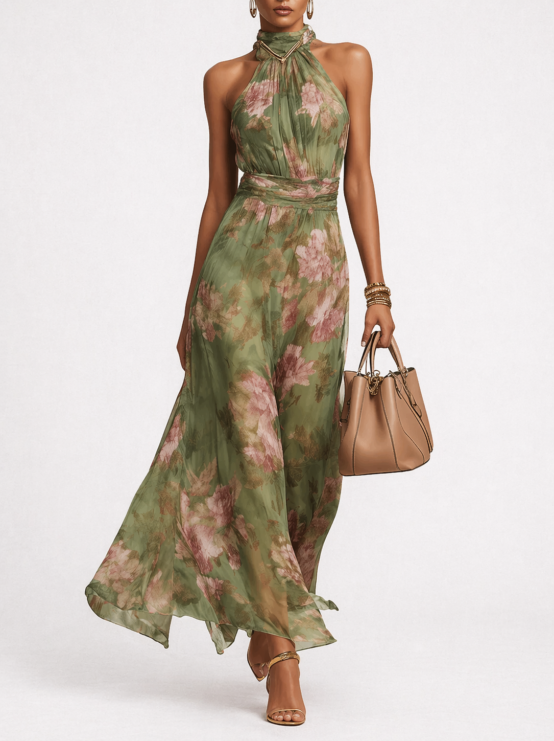 Vestido largo verde con estampado floral y cuello halter de la marca Alessia Madrid, mostrado en la imagen.