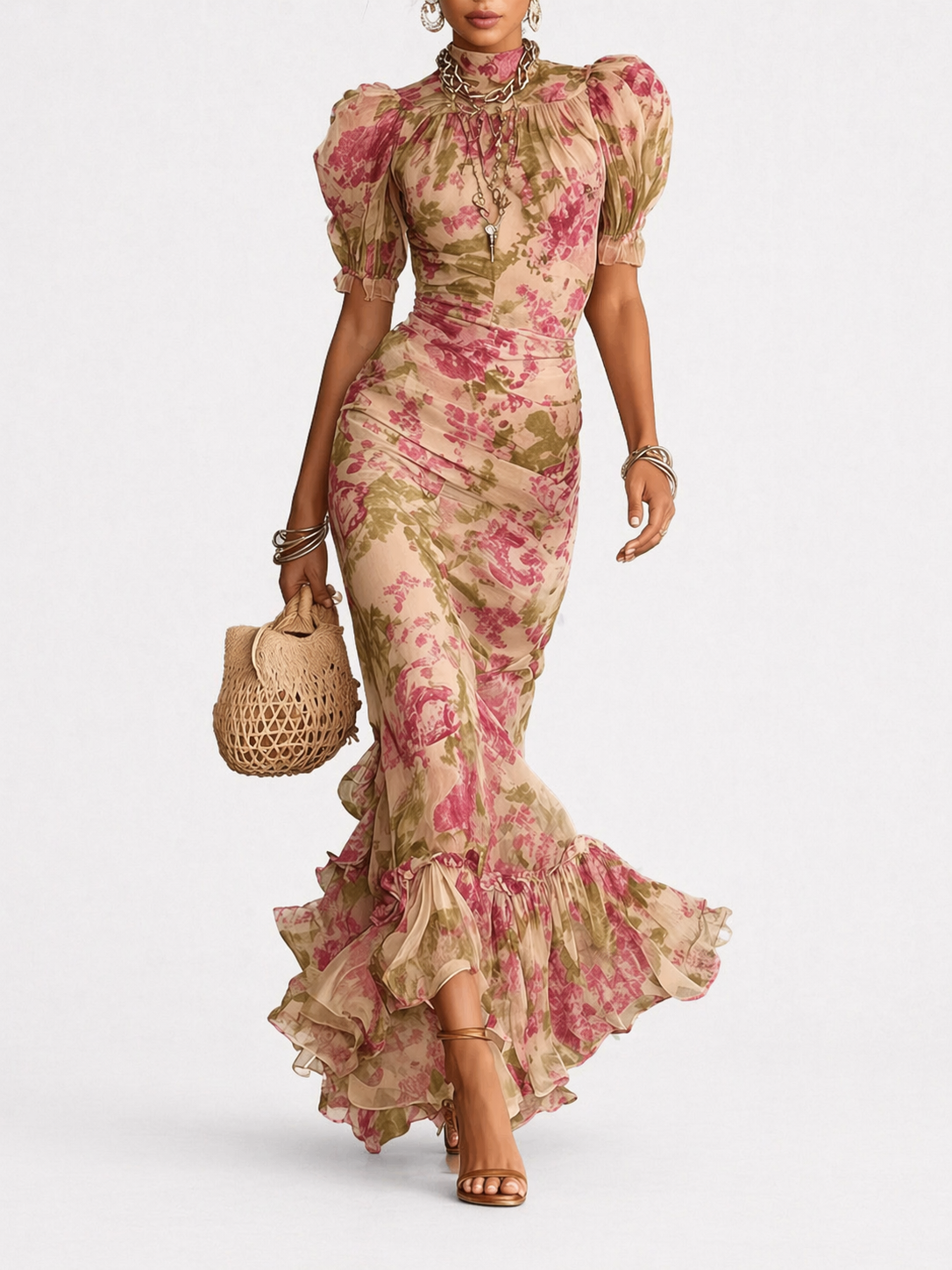 Vestido largo Alessia Madrid Fiora con estampado vintage de rosas y mangas abullonadas, estilo elegante y femenino.