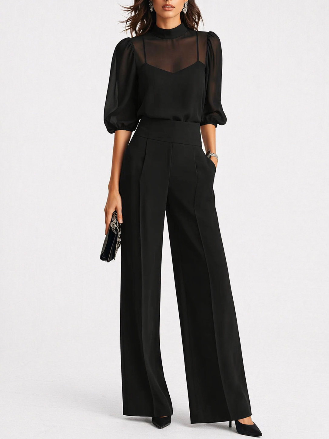 Conjunto de tres piezas en negro de Alessia Madrid, top y pantalones de pierna ancha, ropa elegante y moderna para mujer.