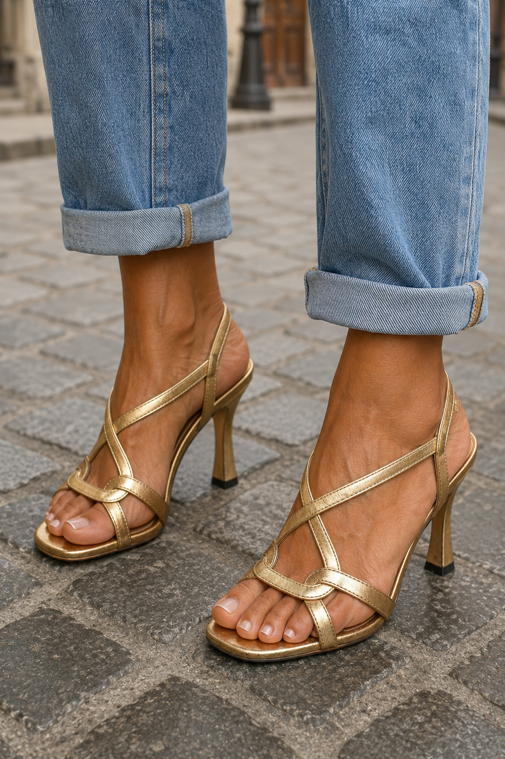 Sandalias doradas metálicas con tiras cruzadas de Alessia Madrid, calzado elegante para mujer, con acabado brillante y diseño moderno.