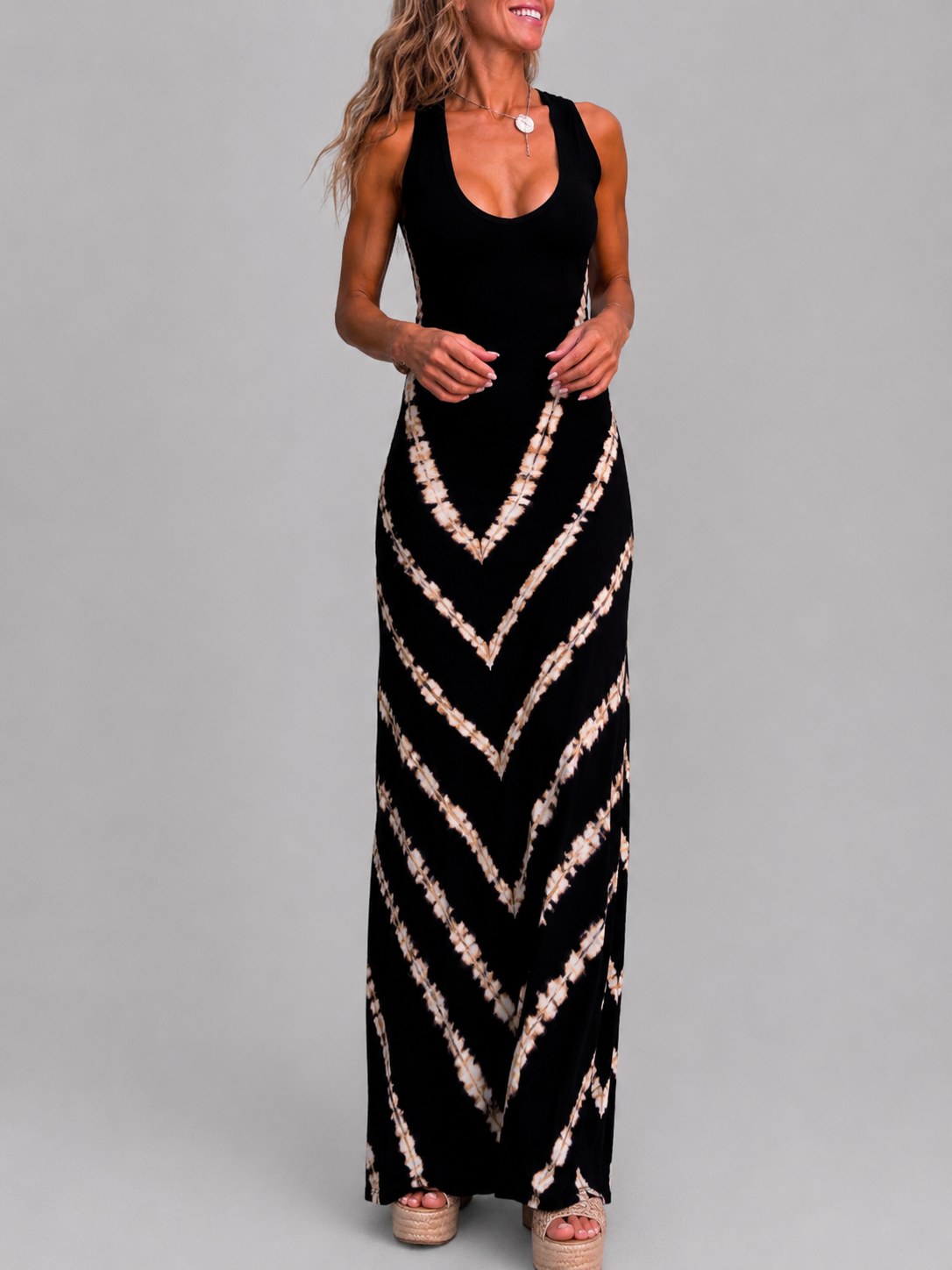 Vestido largo elástico con lazo y estampado de ondas