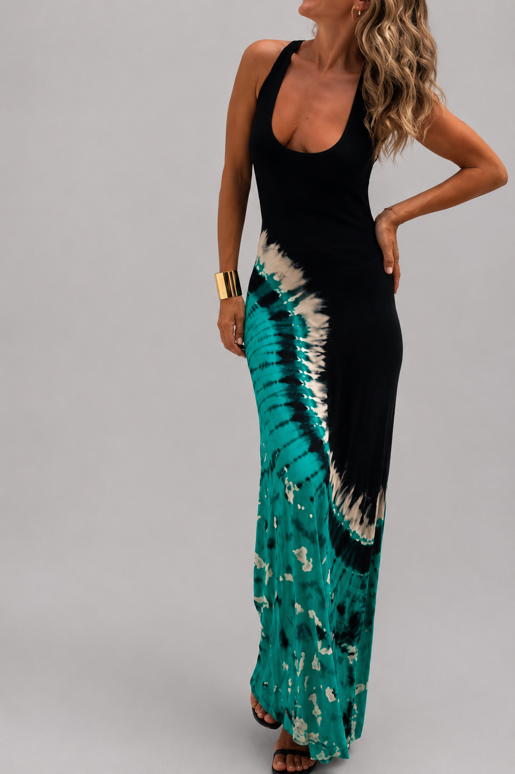 Vestido largo con espalda elástica y estampado