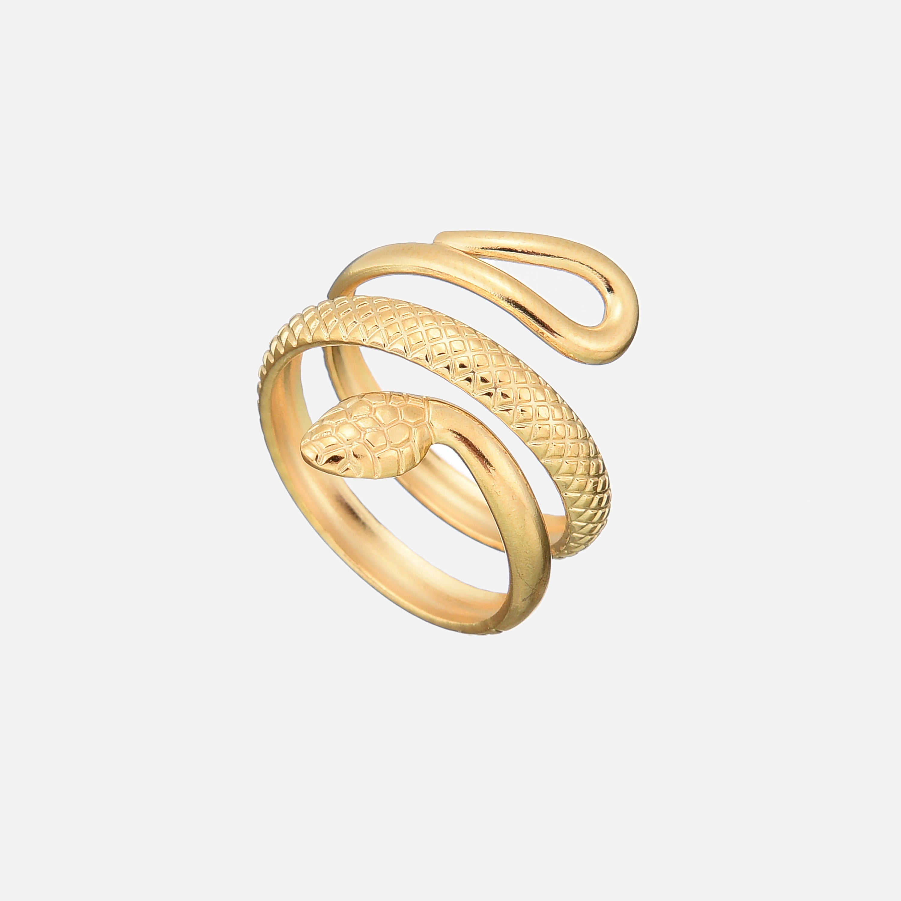 Anillo ajustable con diseño de serpiente de la marca Alessia Madrid, en plata con detalles decorativos en la cabeza de la serpiente.