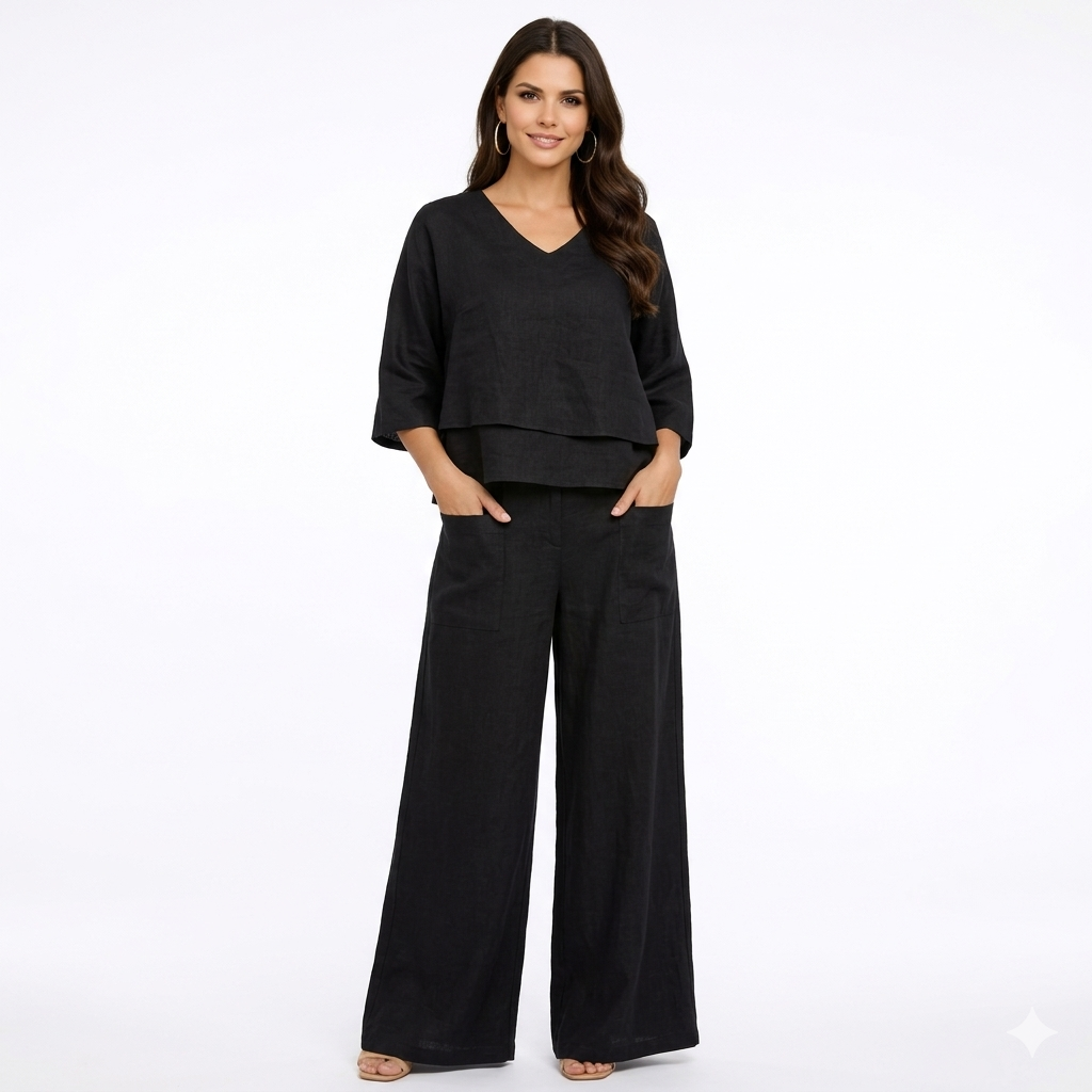 Conjunto de dos piezas de lino y algodón Laura de Alessia Madrid, con blusa y pantalones en tonos neutros.