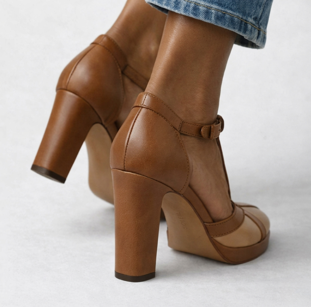Zapatos de tacón cómodos de la marca Alessia Madrid, en diseño elegante y acabado en color neutro.