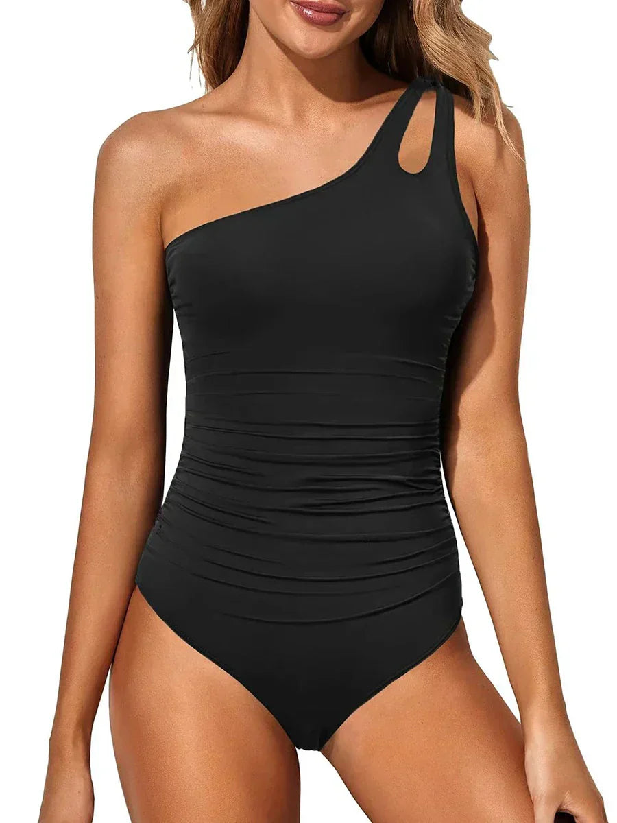 Bañador de un solo tirante Alessia Madrid Solaya, en color negro, con diseño ajustado y escote en la parte superior.