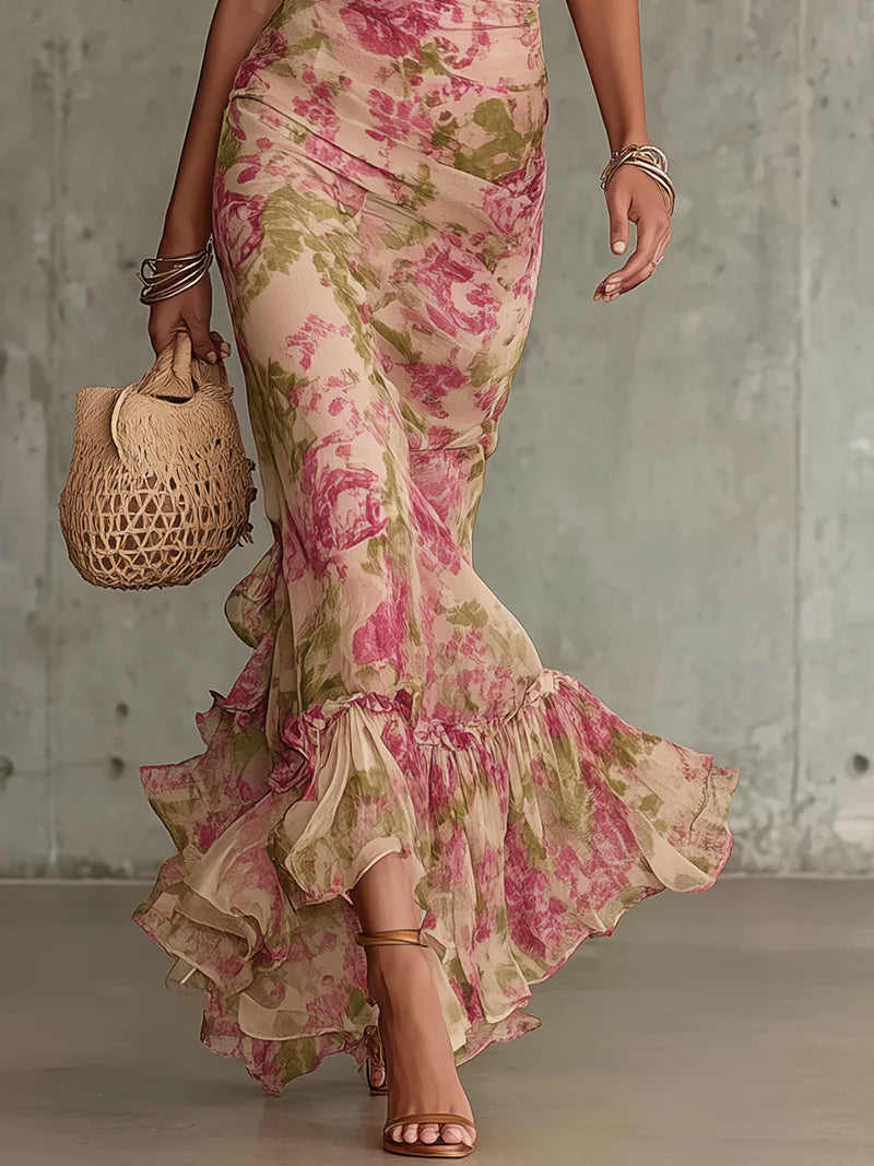 Vestido largo Alessia Madrid Fiora con estampado vintage de rosas y mangas abullonadas, diseño elegante y femenino.