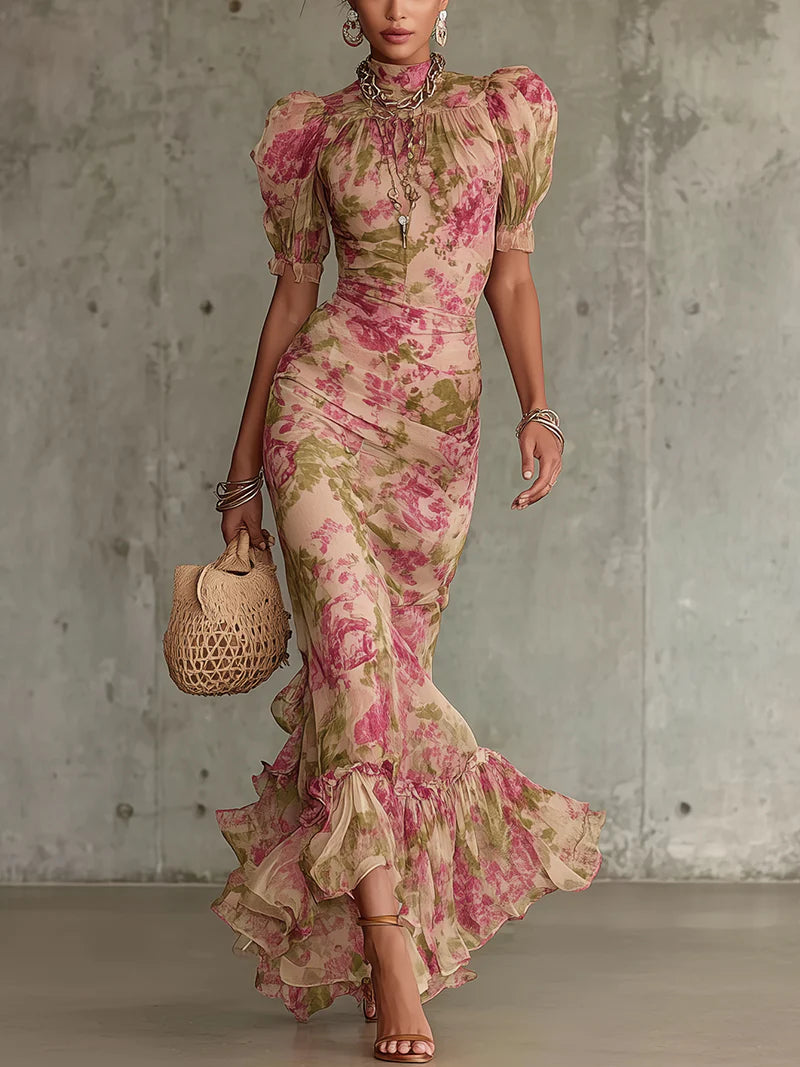 Vestido largo Alessia Madrid Fiora con estampado vintage de rosas y mangas abullonadas, diseño elegante y romántico.