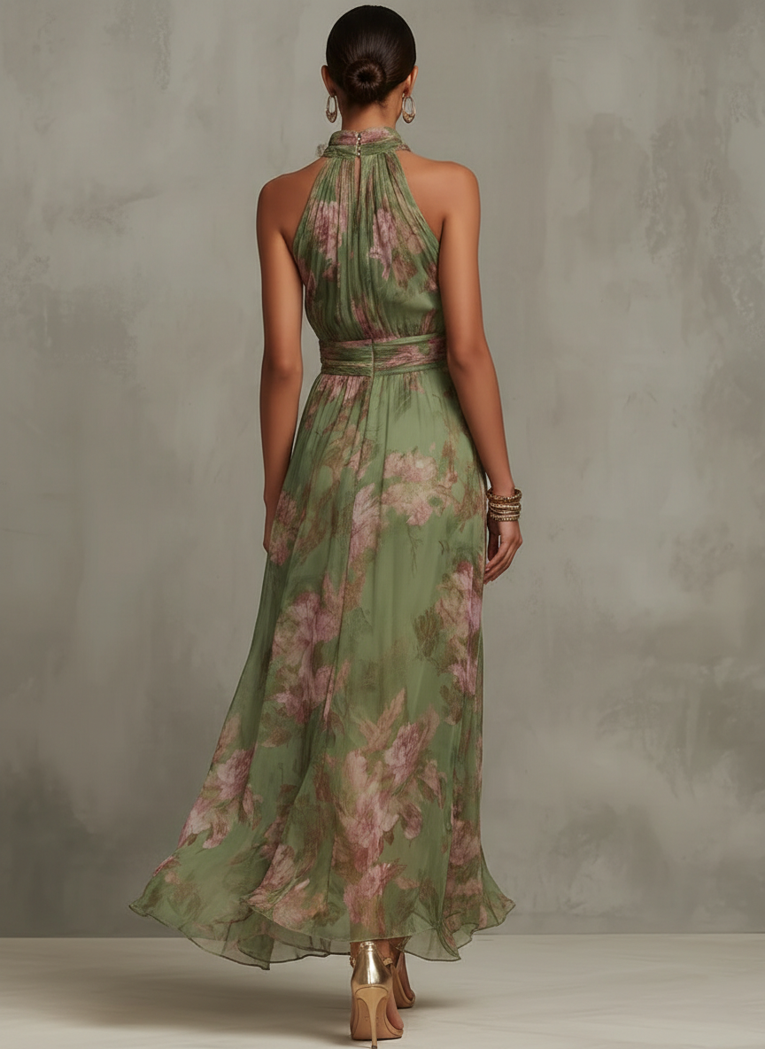 Vestido largo verde con estampado floral y cuello halter de la marca Alessia Madrid, mostrado en la imagen.