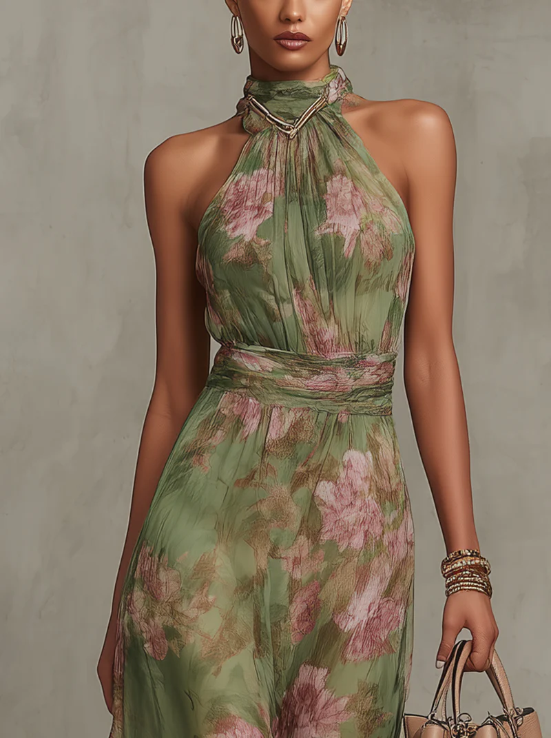 Vestido largo verde con estampado floral y cuello halter de Alessia Madrid, visible en la imagen.