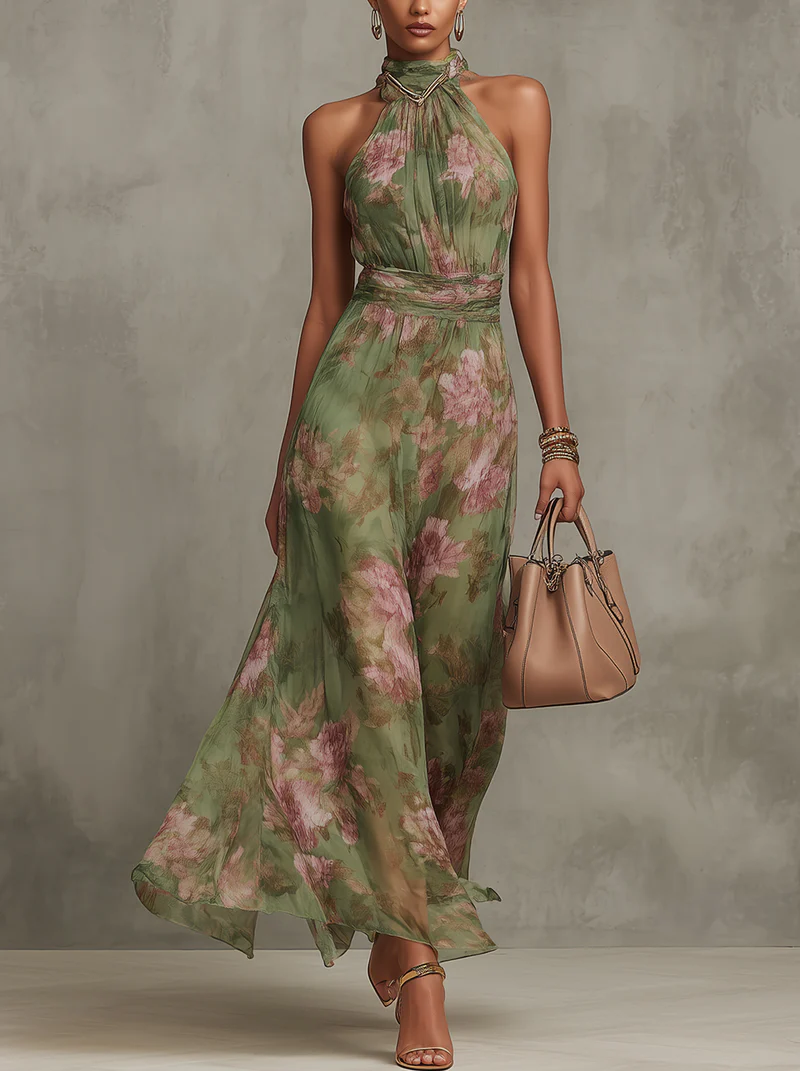 Vestido largo verde con estampado floral y cuello halter de la marca Alessia Madrid, mostrando el diseño y detalles del vestido.