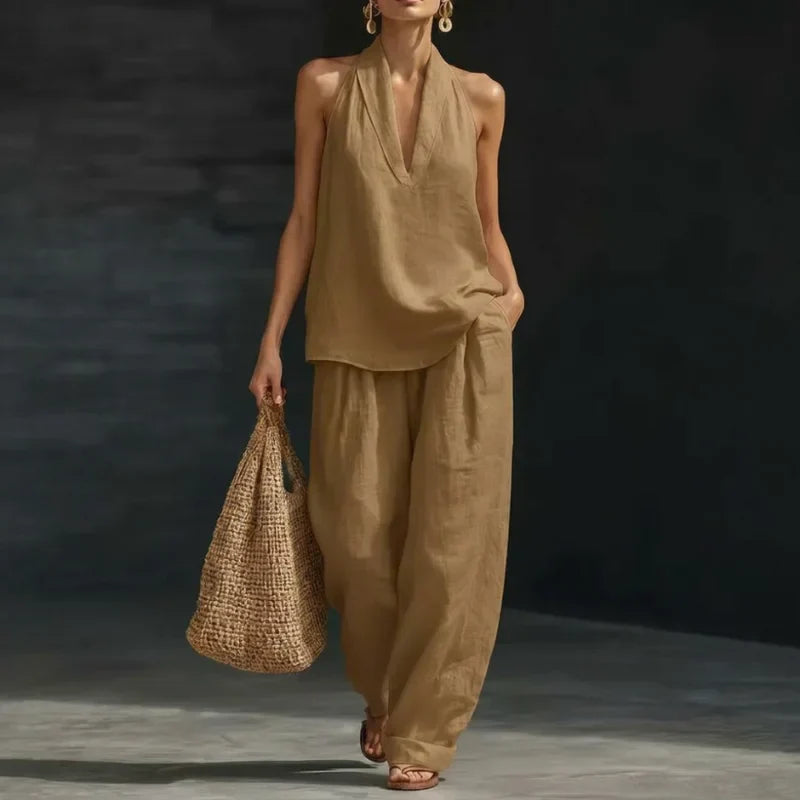 Conjunto de dos piezas con textura de lino Ainhoa de Alessia Madrid en color marrón claro, ropa elegante y cómoda para mujer