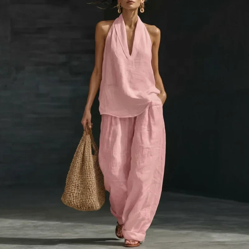 Conjunto de dos piezas de lino rosa de la marca Alessia Madrid, con textura suave y diseño elegante para mujer.