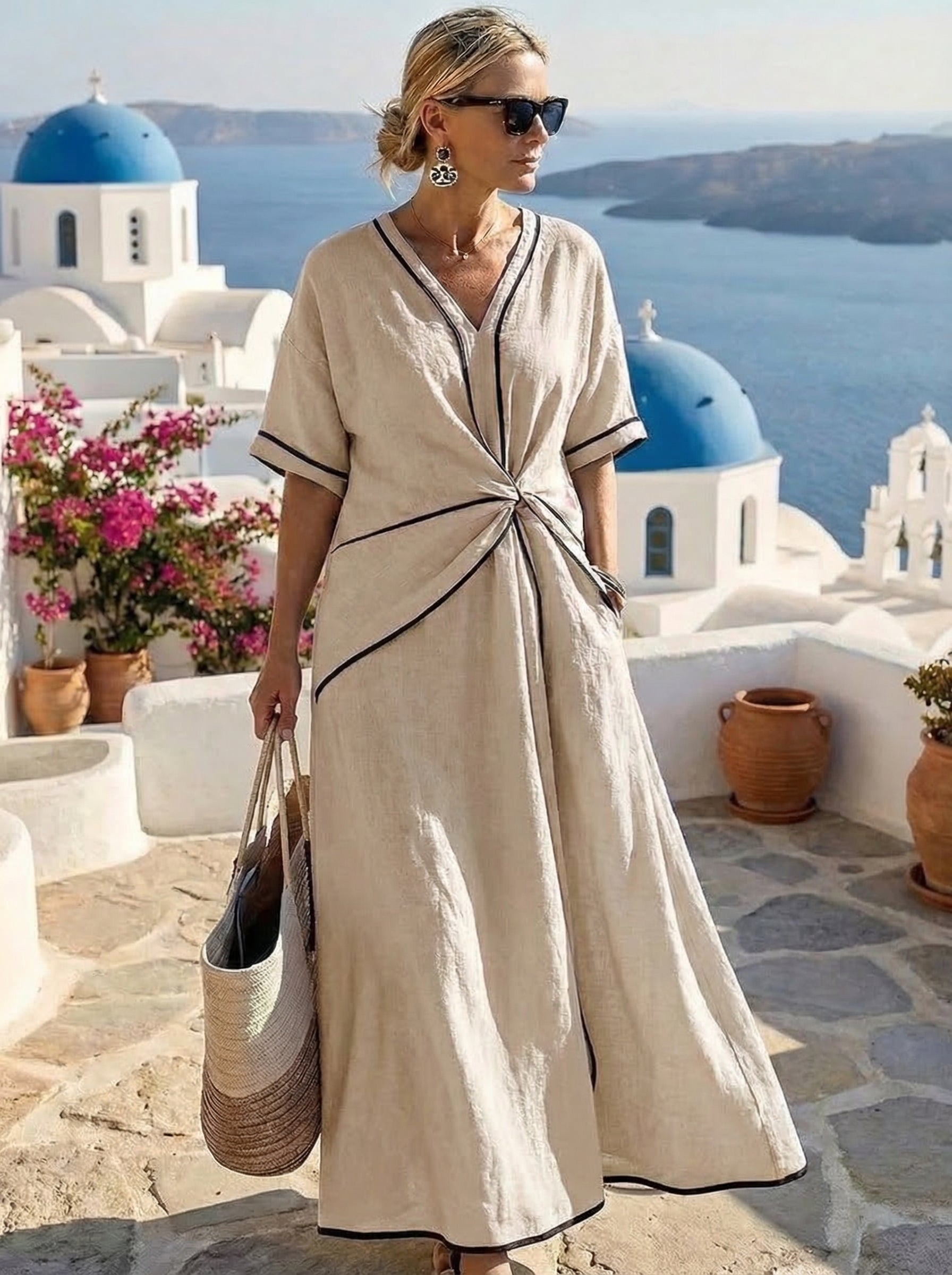 Vestido de verano Noah de Alessia Madrid con diseño inspirado en Santorini, en tonos claros y estilo fresco.