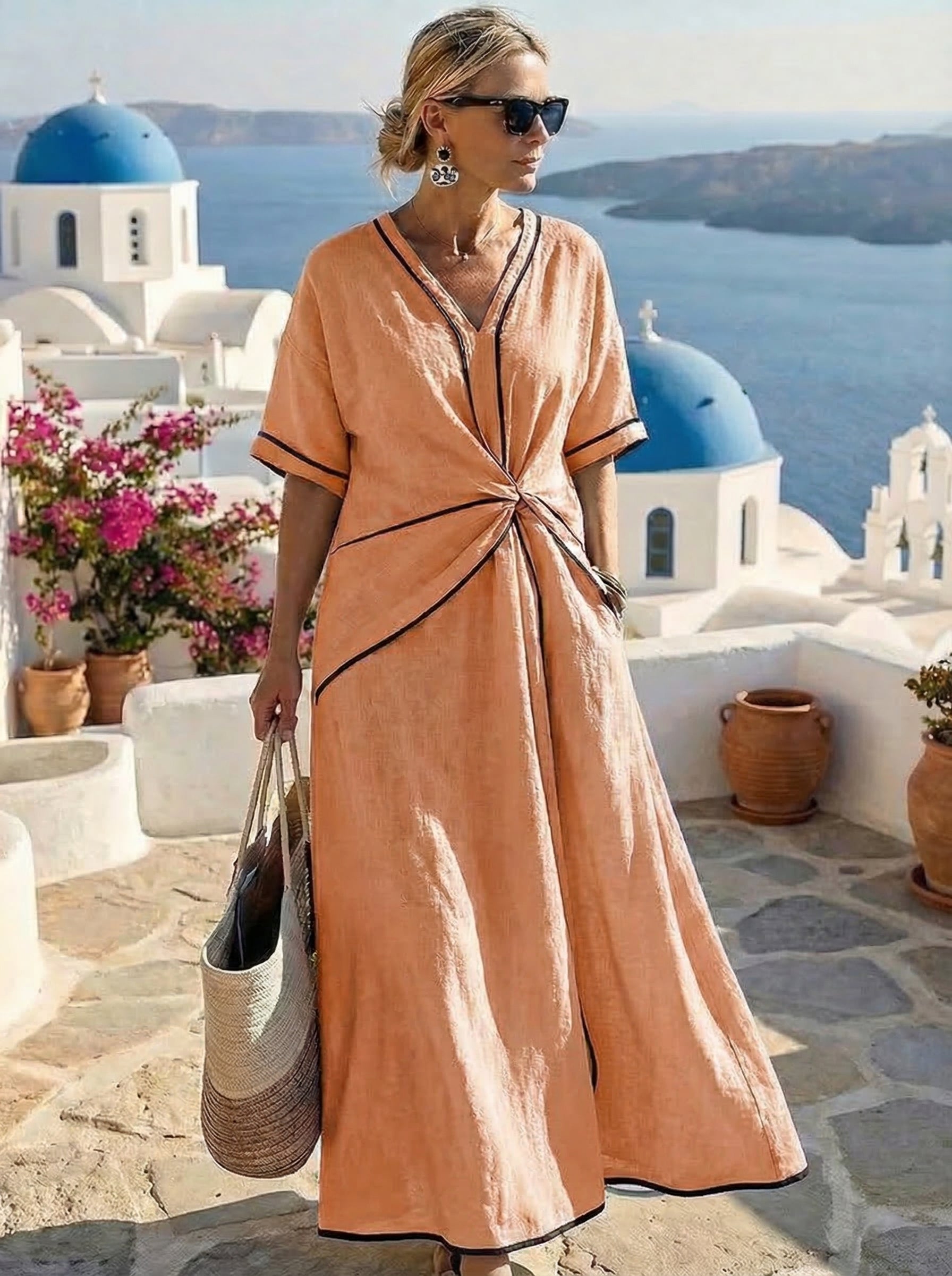 Vestido de verano Noah de Alessia Madrid con estampado estilo Santorini, en color blanco y azul, con manga corta y escote en V.