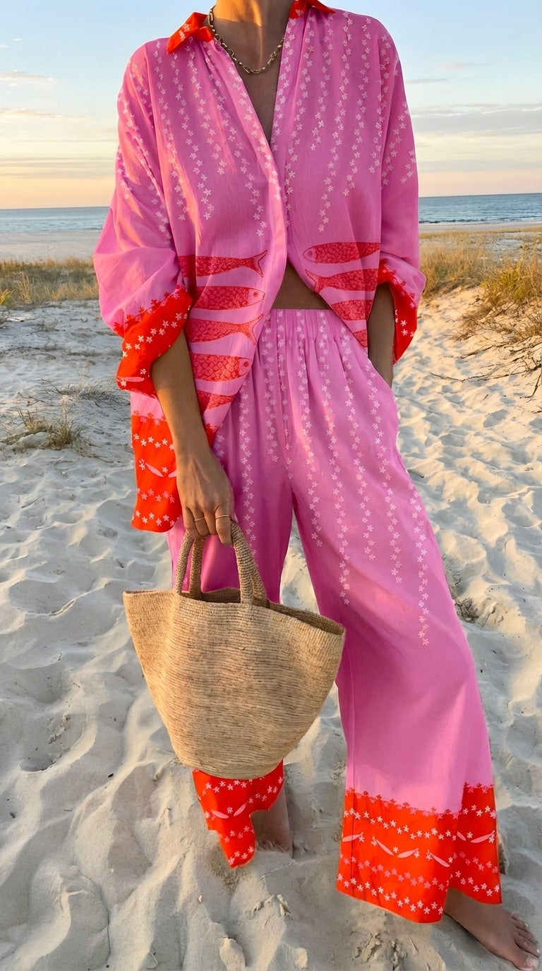 Conjunto de verano de lino y algodón en color lila de Alessia Madrid, con blusa y pantalones ligeros para mujer.