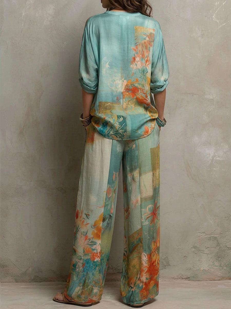 Conjunto elegante Chiara de Alessia Madrid con estampado floral y pantalones anchos para mujer.