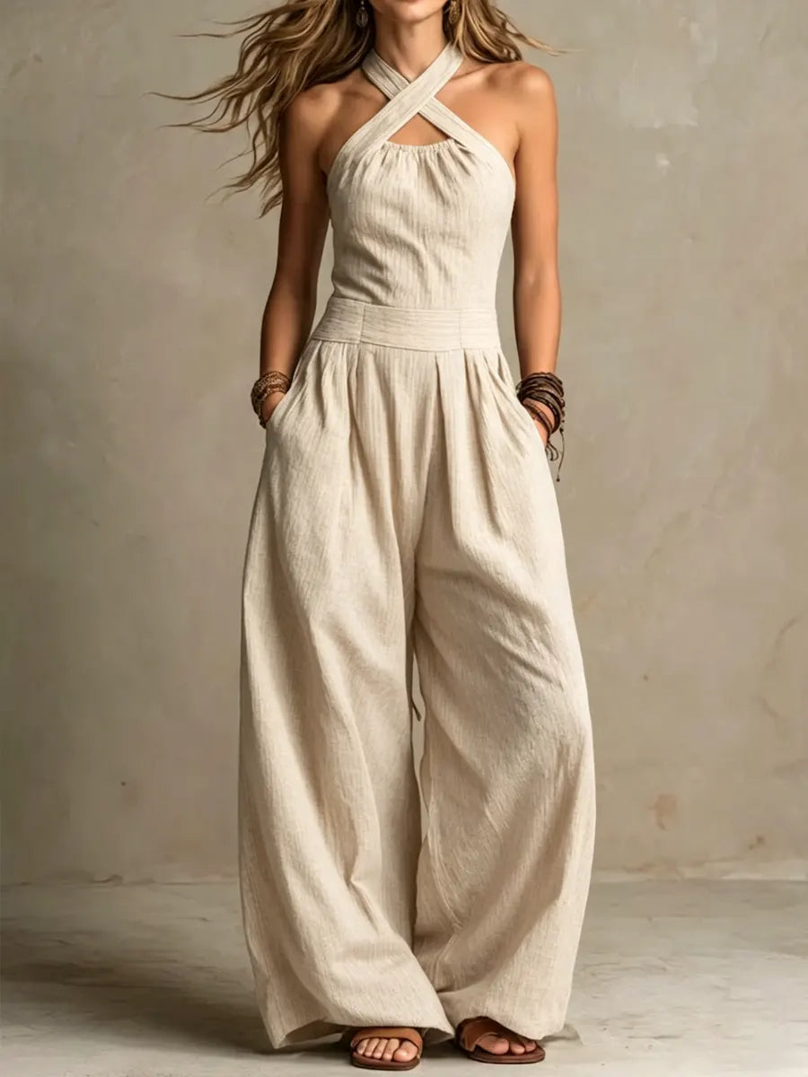 Mono de lino y algodón Bianca de Alessia Madrid con escote cruzado elegante y moderno, ideal para un estilo sofisticado.