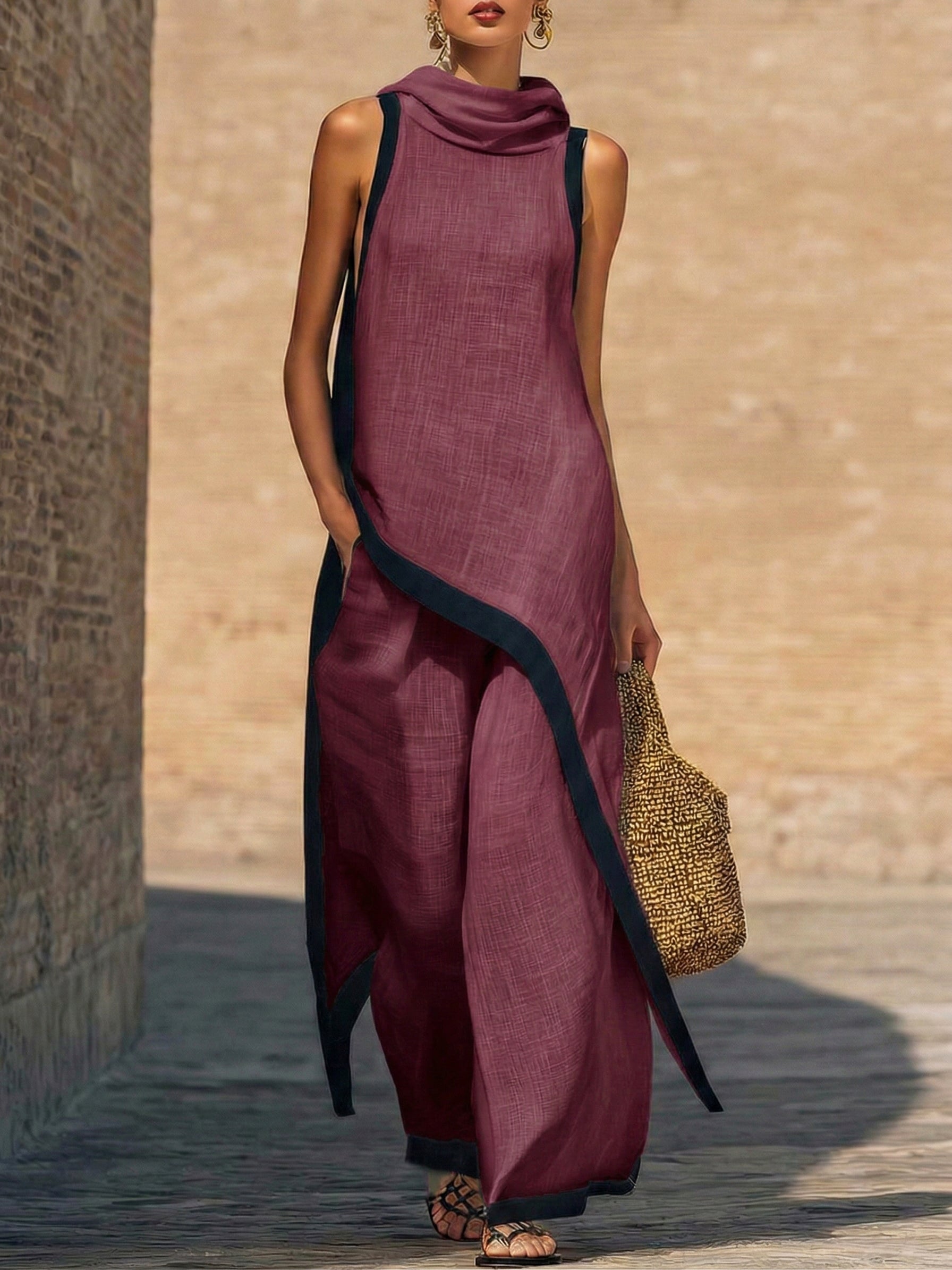 Conjunto de dos piezas de lino y algodón de Alessia Madrid, con blusa y pantalones en tonos neutros.
