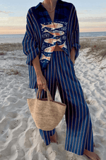 Conjunto de verano Marina de lino y algodón de Alessia Madrid, top y pantalones en tonos suaves, ideal para días cálidos