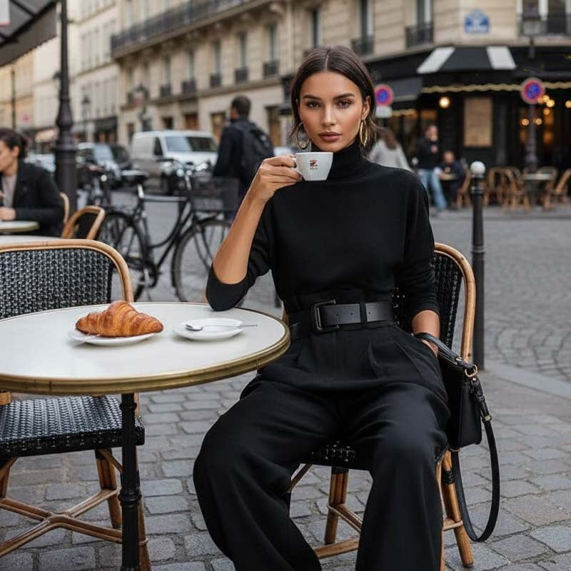 Zoe | Conjunto elegante para mujer: Top de cuello alto y pantalón de cintura alta - Alessia Madrid